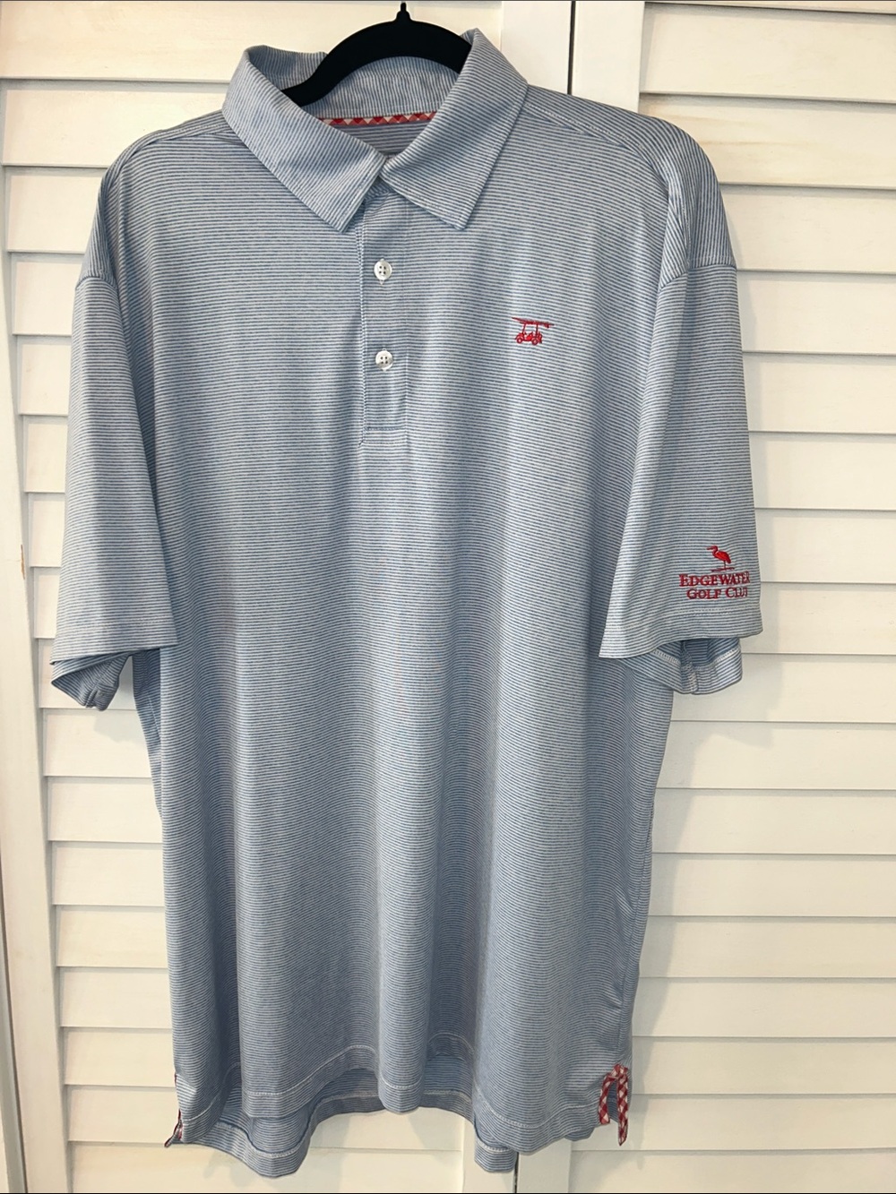 Light Blue Striped Bald Head Blues Men’s Polo Edgewater Golf Club logo